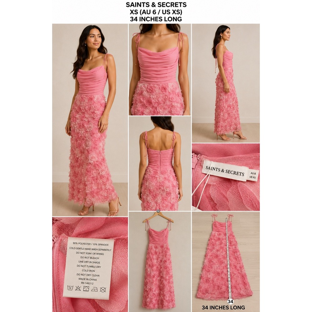 Saints & Secrets Pink 3D Floral Rosette Maxi Dress Ruched Tie Shoulder XS NEW